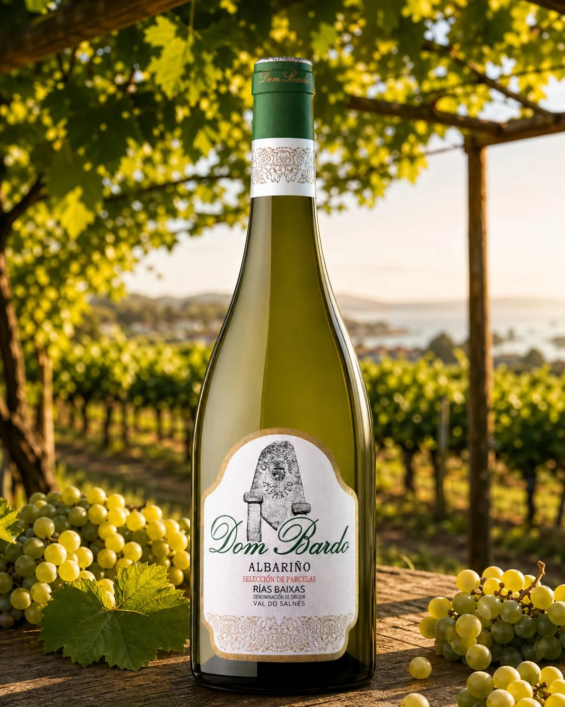 Botella de Dom Bardo Albariño bajo un emparrado de viñedo con la ría al fondo, en el Val do Salnés