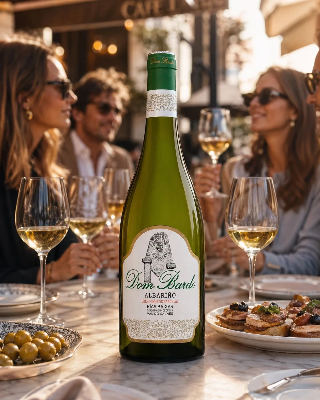 Botella de Dom Bardo Albariño en una mesa compartida con copas de vino blanco