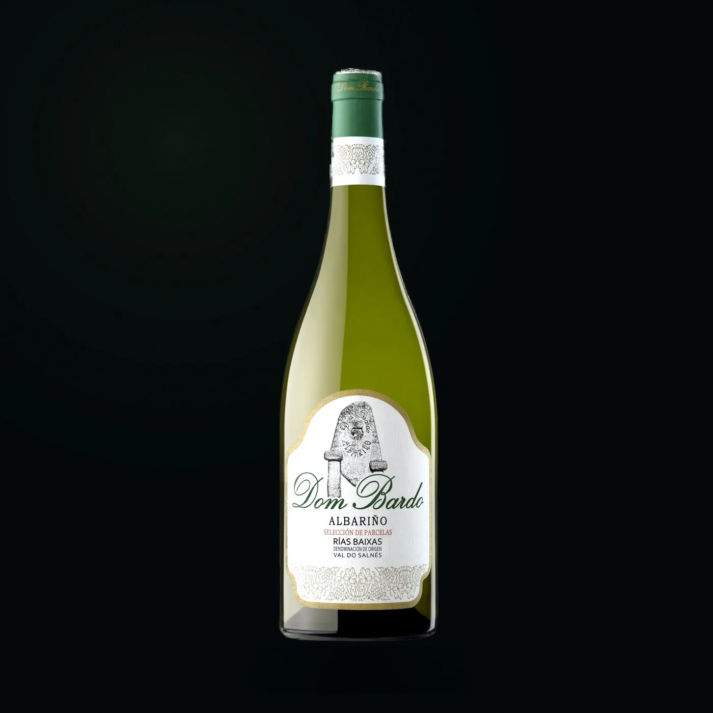Botella Dom Bardo Albariño D.O. Rías Baixas con copa de vino blanco gallego